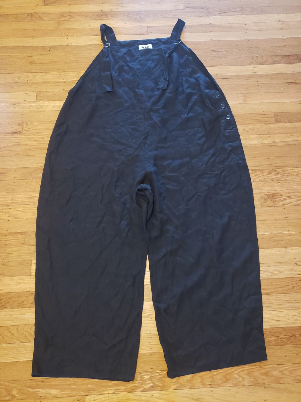 FLAX Black 100% Linen Wide-Leg Overalls Pants Size 3G